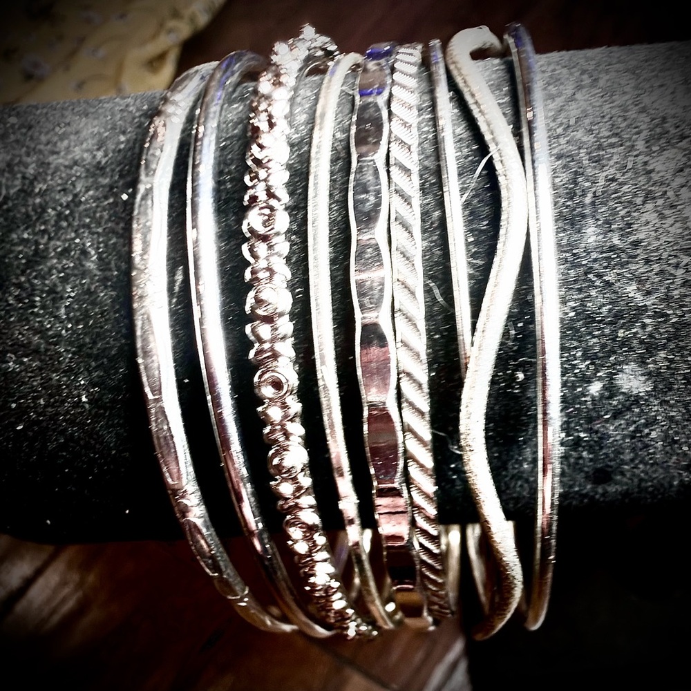 Sterling Silver Bangle Bracelet Set - Textured Stackable Bangles